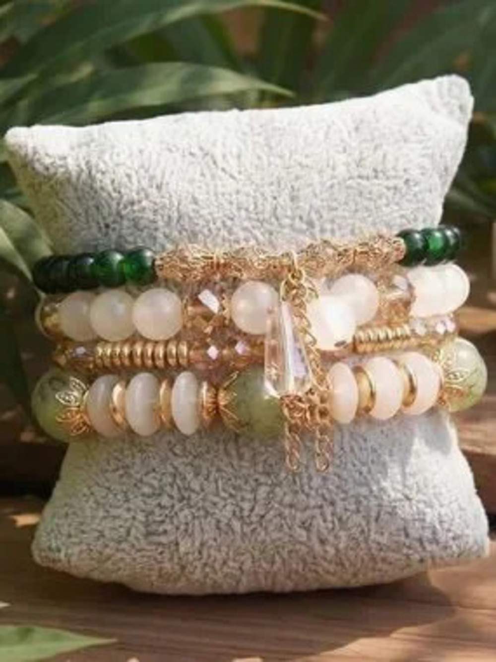 Anthropologie Green, Cream & Gold Stacked Beaded Bracelet Set